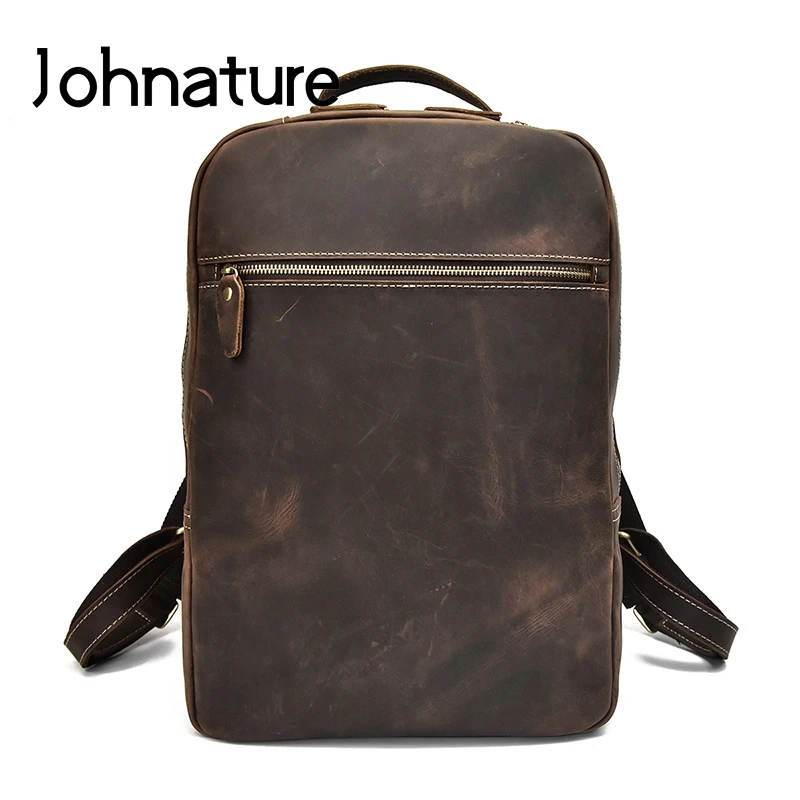 

Johnature 2021 New Vintage Genuine Leather Men Backpack Crazy Horse Leather Waterproof Wear Resistant Leisure Laptop Backpack