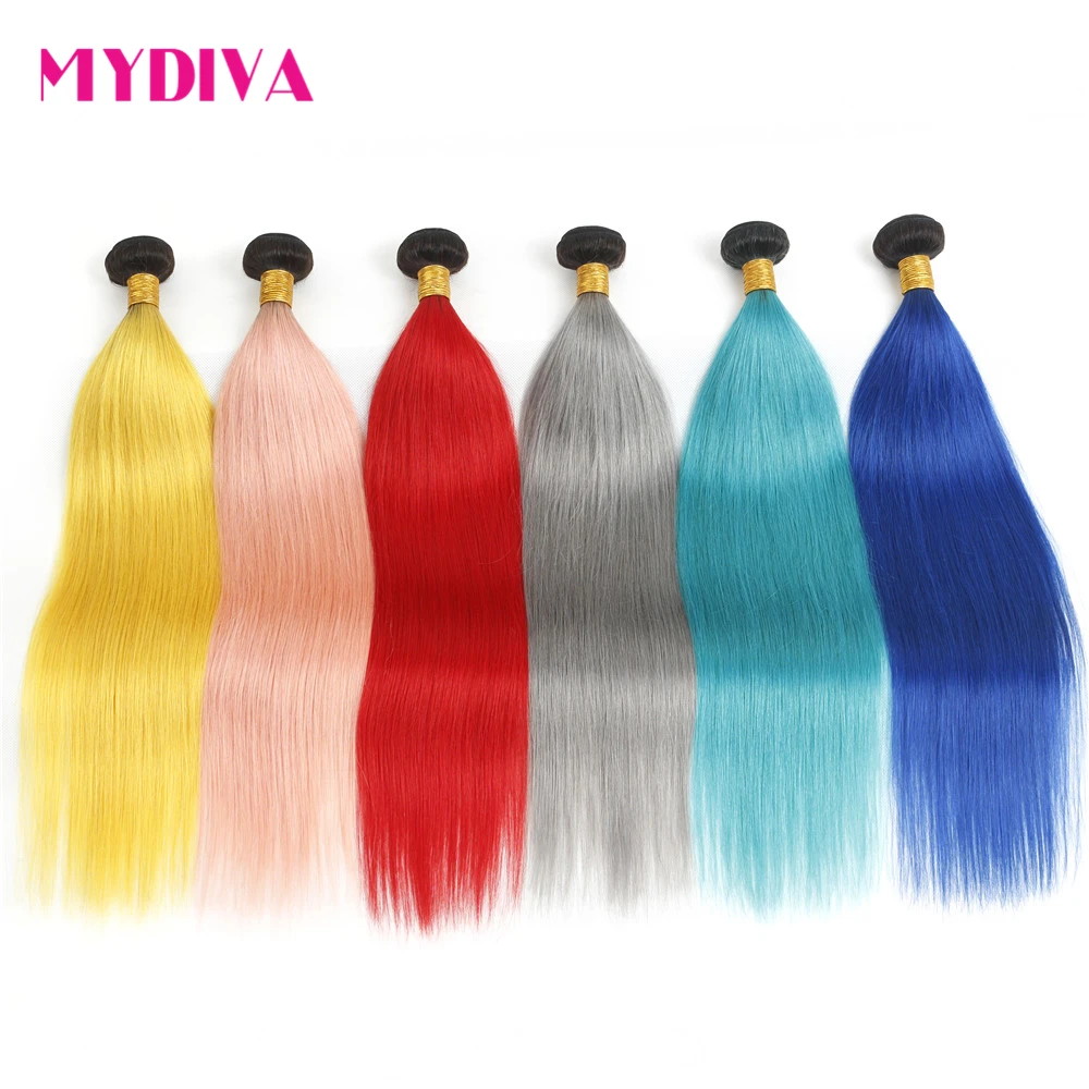 

Brazilian Straight Hair Weave Bundles 3PCS Dark Root Ombre Pink Grey Blue Ombre Human Hair Pre-Colored Non Remy Hair Extensions