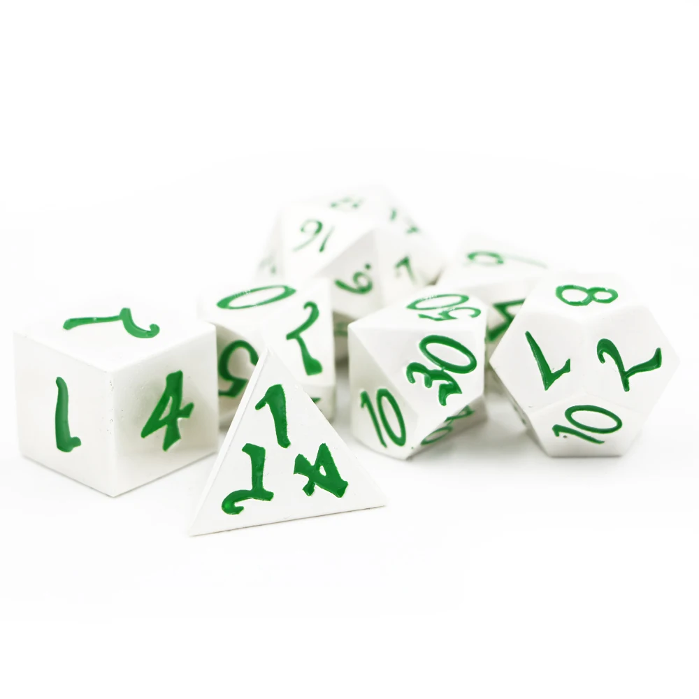 Новые 7 шт. наборы/набор креативных ролевых игральных костей D& D металлические игральные кости жемчужно-серебристо-зеленые слова D4 D6 D8 D10 D12 D20 многогранные игральные кости