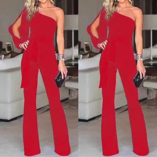

Women Ladies Clubwear Summer Playsuit Bodycon One Shoulder Long Sleeve Party Jumpsuit Romper High Waisted Trousers