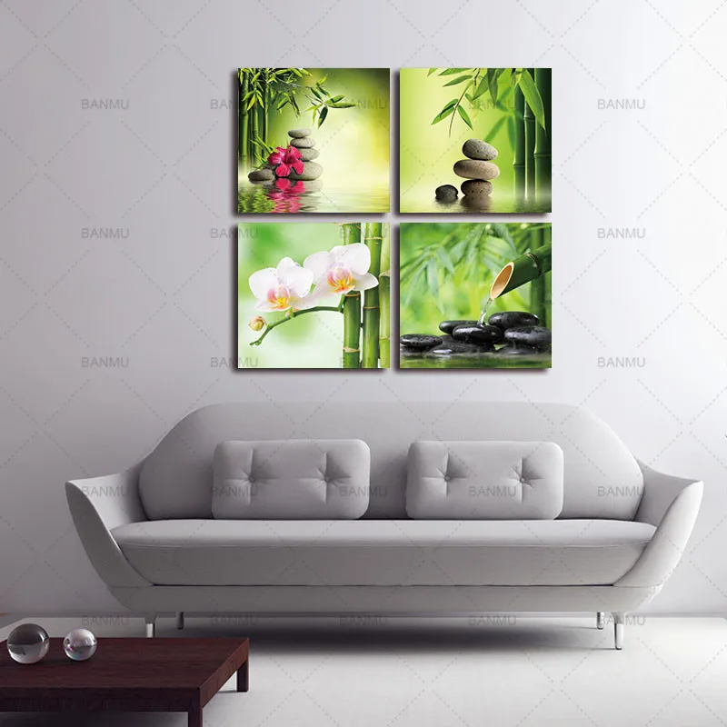 Nvas Wall Art Современный домашний декор Печать на холсте жикле Расслабляющая энергия спа камни бамбук зеленый в сад поток воды Ca