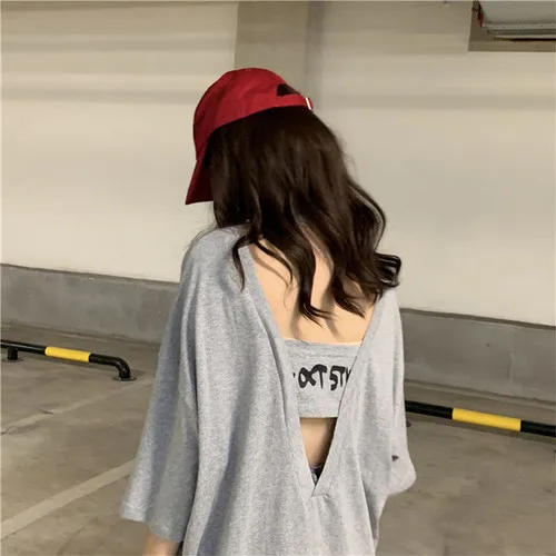 ShanH 9863 hui Harajuku креативная женская футболка с открытой спиной, летняя новая футболка с буквенным принтом, женские корейские повседневные свободные мягкие топы, Длинные футболки - Цвет: ShanH 9863 hui