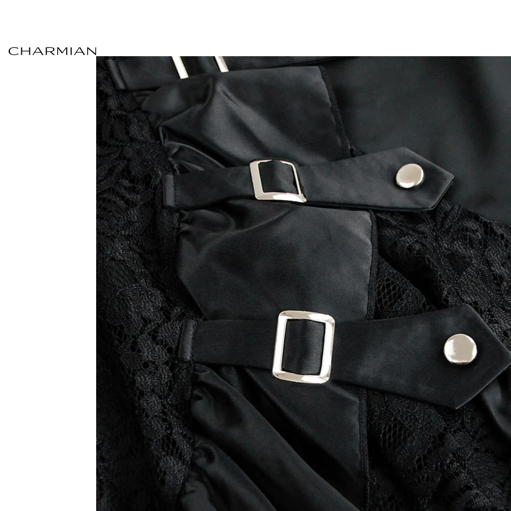 Женская юбка в стиле стимпанк Charmian черная с цветочным кружевом и оборками