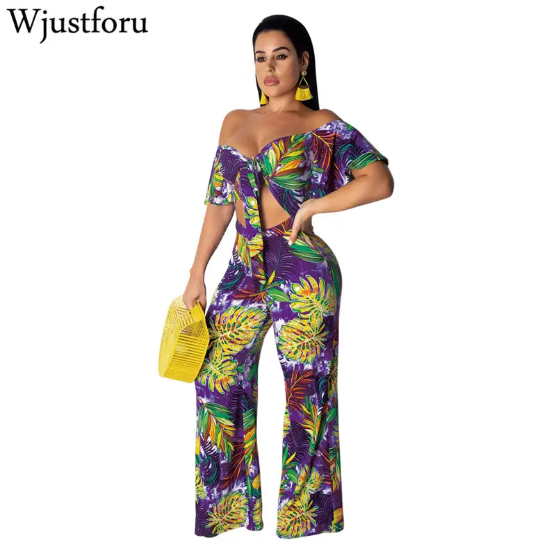 

Wjustforu летний комплект из двух предметов с принтом, женский укороченный топ с открытыми плечами + широкие брюки, женский модный пляжный компл...