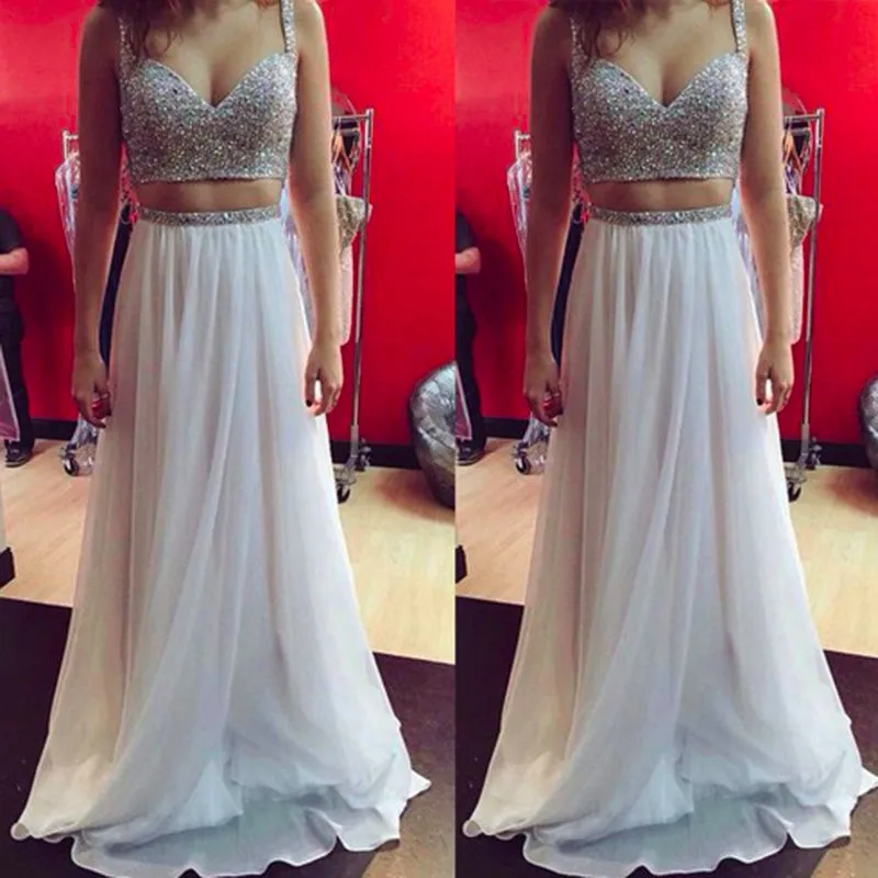 Сексуальная 2 Шт. Пром Dress Бретельках Хрустальные Платьев Вечера Шифоновые