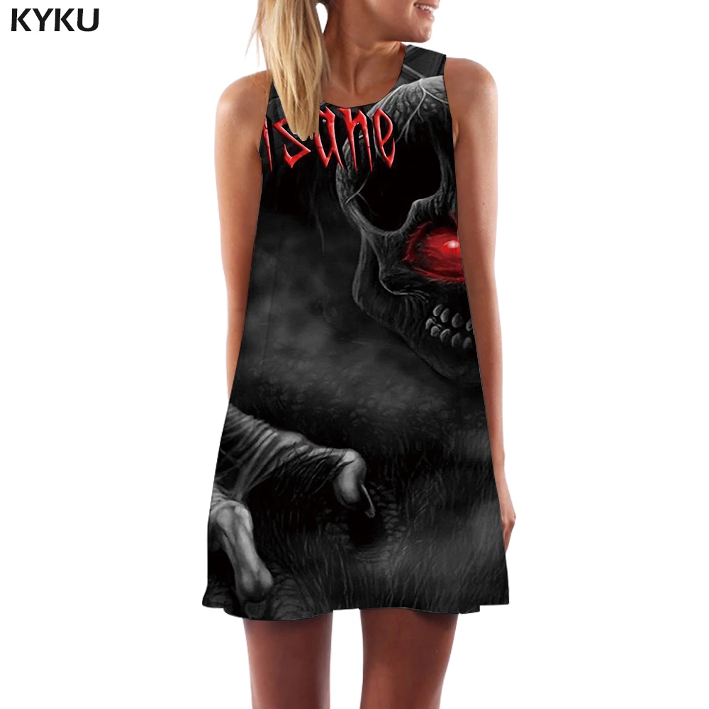 Бренд KYKU, платье с черепом, для женщин, граффити, Vestido, сексуальный черный, косплей, бохо, готический, 3d принт, женская одежда, элегантная