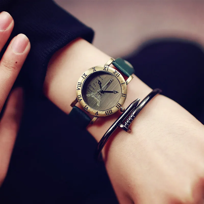 Классический Эйфелева башня винтажная римская циферблат латунь женские часы