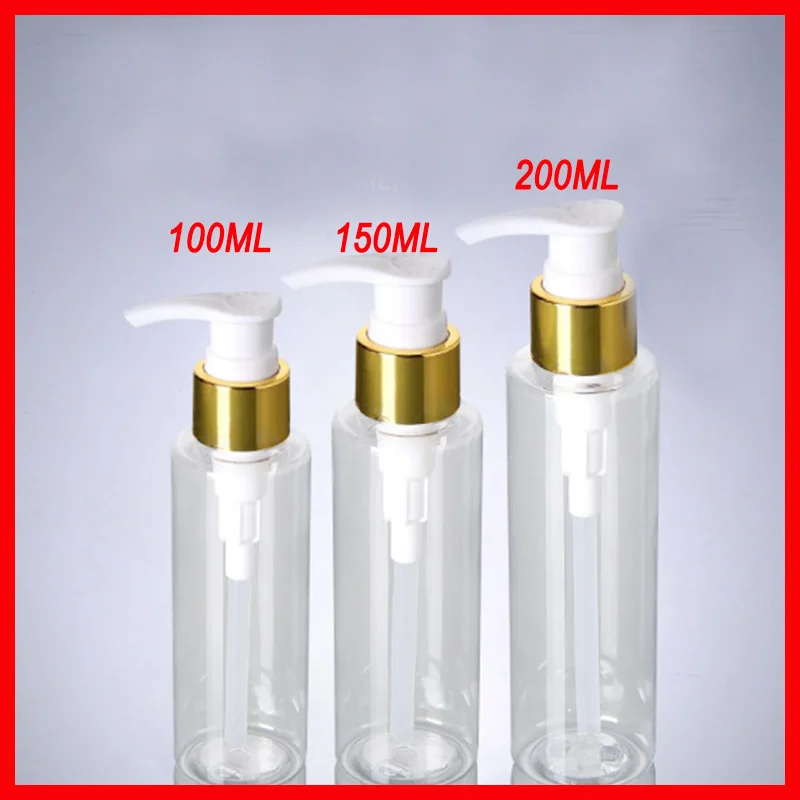 

100/120/150/200/250G PET plastic bottle Clean w gold shoulder emulsion pressure pump empty makeup cosmetic container Packaging