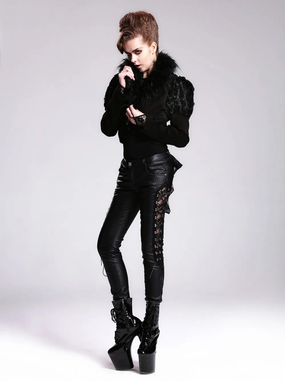Punk Gothic зимние Для женщин шерстяная куртка короткие черные с длинными рукавами Slim Fit Куртки женский o-образный черный верхняя одежда