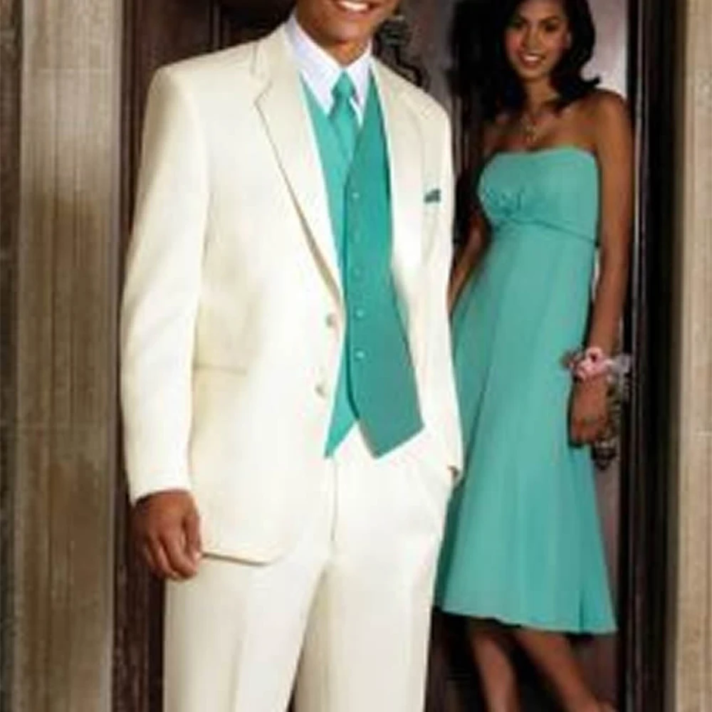 

Custom Made Groom Tuxedo, Bespoke Notch Lapel Mens Ivory Suits with Blue Vest, Tailor Made Ivory Wedding Suits for men