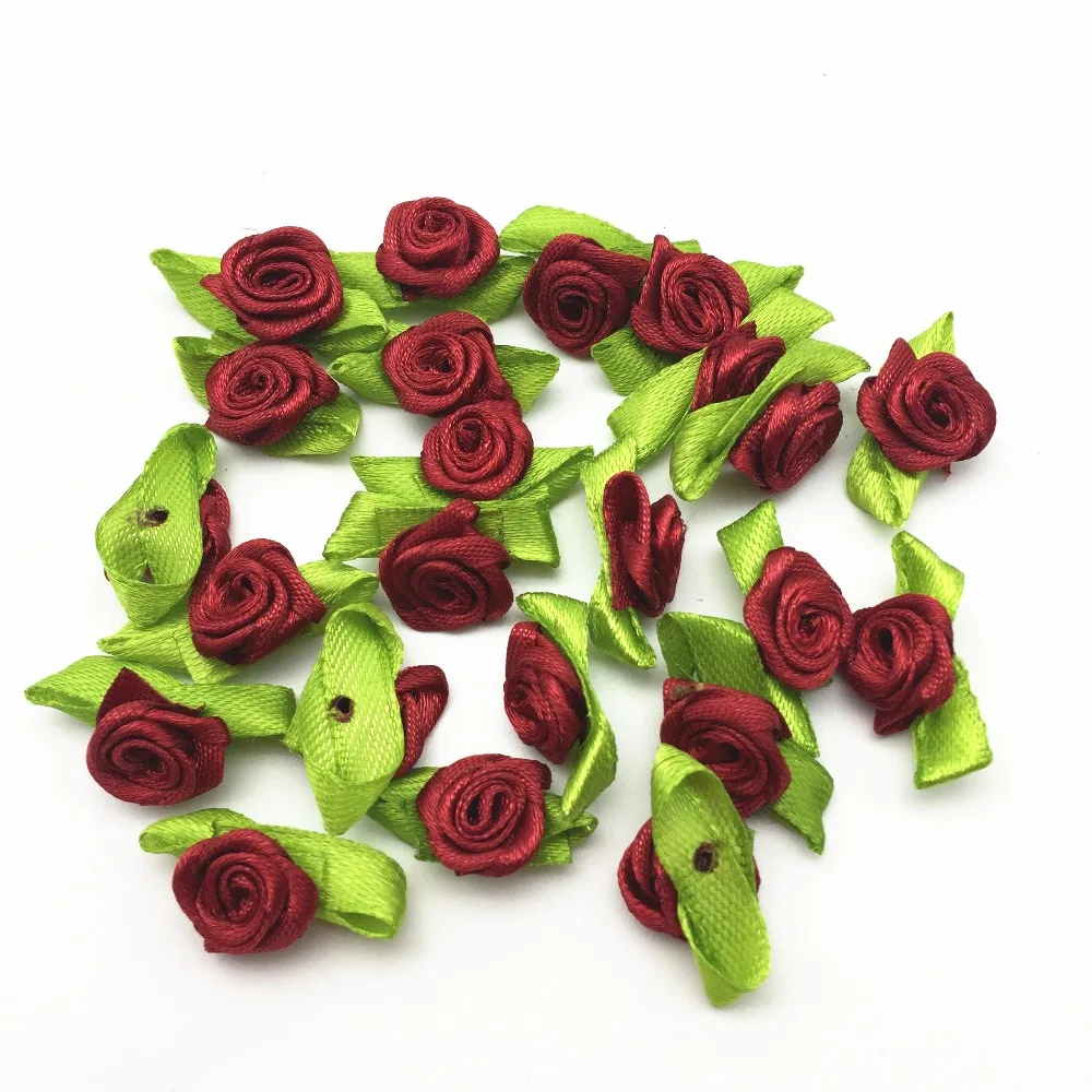 100 шт атласная мини лента розы цветы с бутонами зелеными листьями ремесла