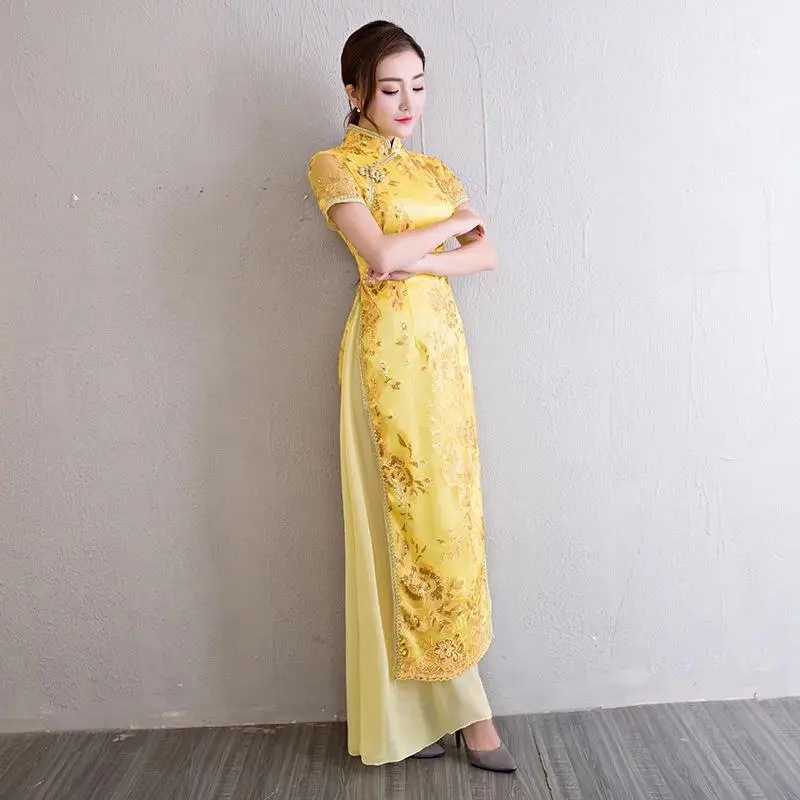 Большие размеры 3XL 4XL блестки китайский стиль сценическое шоу Qipao новое длинное тонкое Cheongsam винтажное Цветочное платье "аодай" Vestidos - Цвет: Цвет: желтый