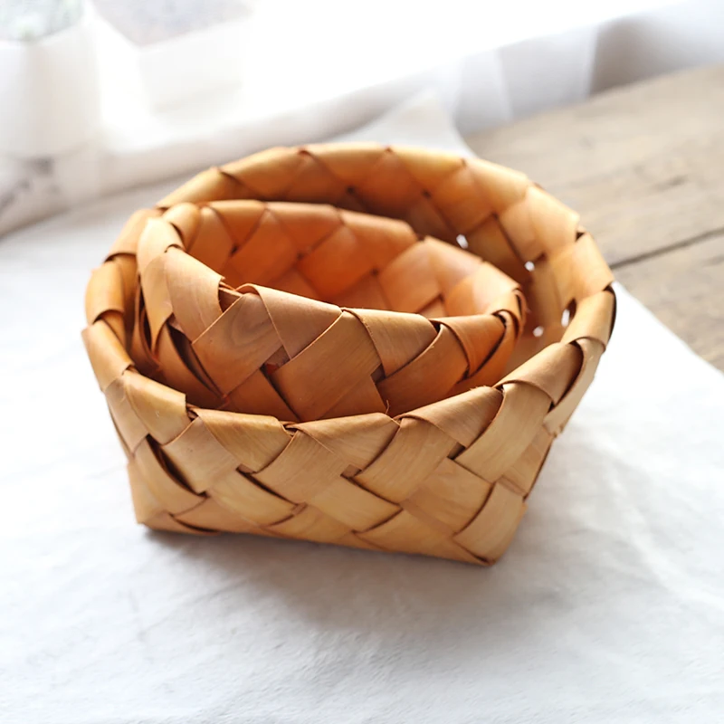 

Wooden Knits Storage Basket Wooden Plate Weaves Pure Handmade Storage Wooden Basket for Sundries/Fruit/Snacks Friendly Material