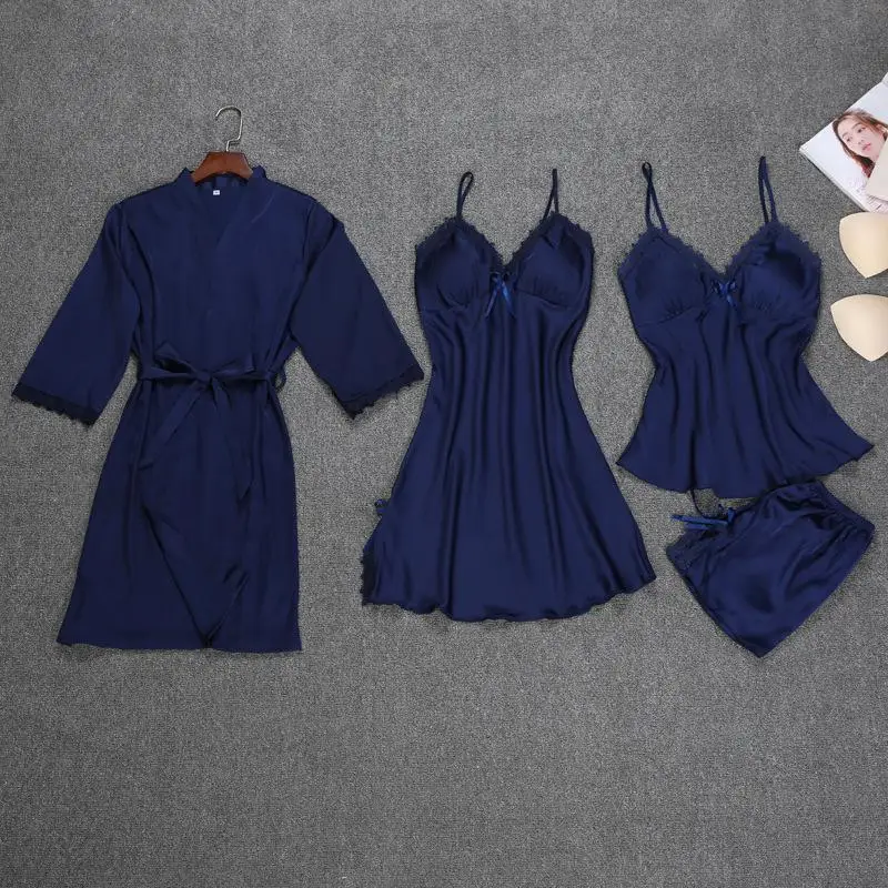 Navy Blue 4PCS Атласный Женский комплект для сна из 4 предметов Пижамный костюм из вискозы Весенняя пижама с длинным рукавом пижамный комплект сексуальный халат банное платье повседневное ночное белье - Цвет: Navy Blue 4PCS