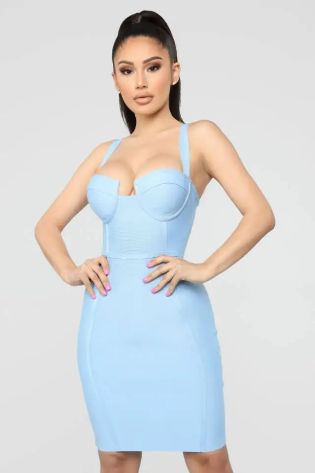 

KLEEZYSummer Solid Sexy Women Celebrity Party Bandage Dress Vestidos Sexy Strap Elegant Bodycon Club Mini Dresses HL4955