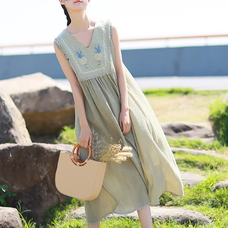 

dress women Summer 2019 new fashion Casual Loose V-Neck long dress Vintage Cotton and Linen Sleeveless Print dress women