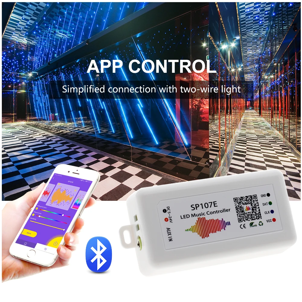 SP107E Bluetooth светодиодный музыкальный контроллер полноцветный пиксель IC SPI контроллеры от смартфона приложение для WS2812B WS2813 SK6812 Светодиодная лента