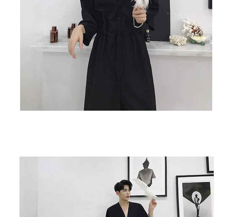 Men summer v neck hip hop punk wide leg cargo pants jumpsuit mens vintage streetwear hairstylist personality jumpsuit trousers