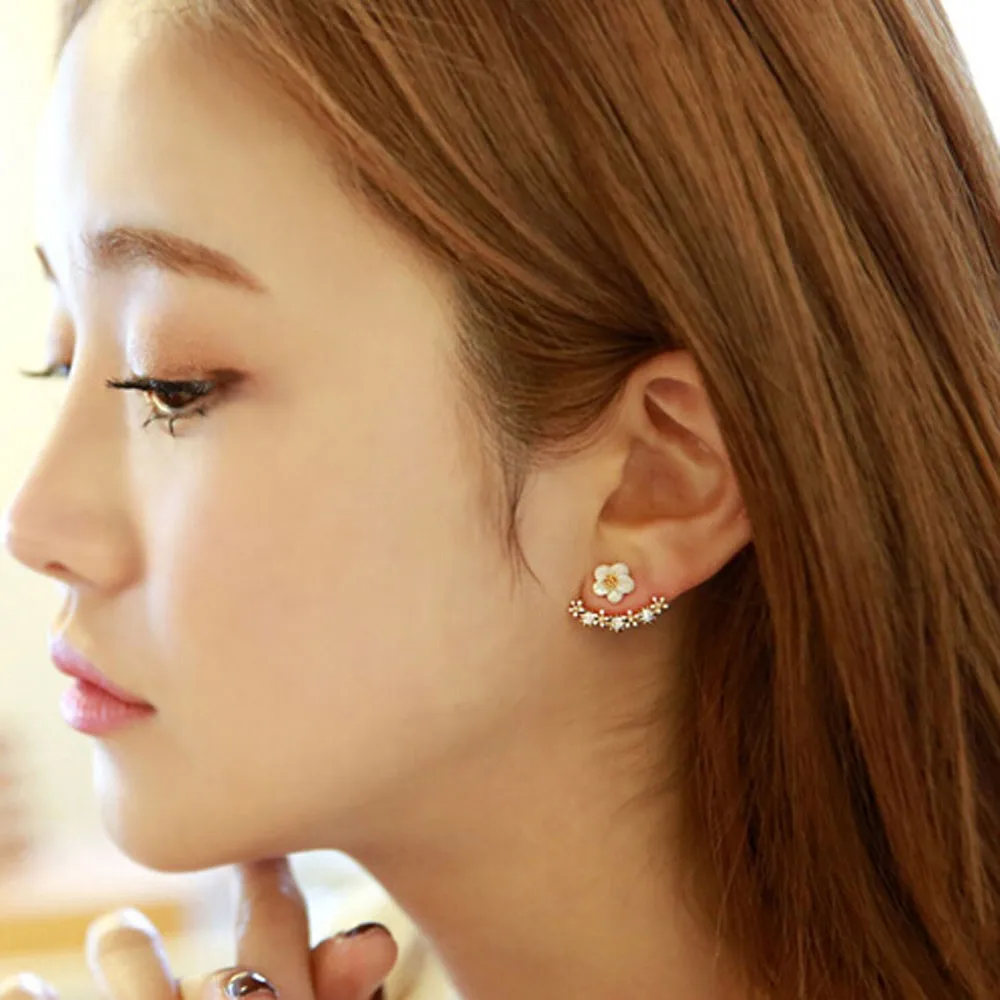 Женские серьги гвоздики с цветком кристаллами Двухсторонние бесплатная