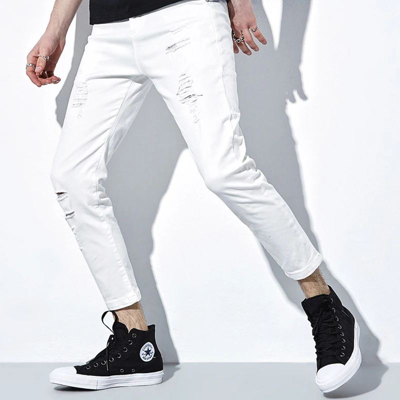 

Fashion 2020 Male Summer wear Casual ripped Hole Denim overall jeans men's Pencil pants hip Hop white leisure men's trousers