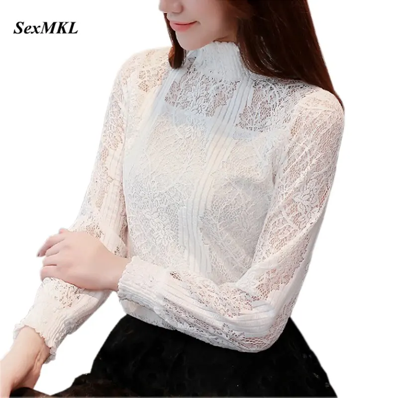 

SEXMKL Ladies Lace Hollow Out Tops 2020 Sexy Blouses Autumn Long Sleeve White Blouse Women Korean Office Shirts Blusa Feminina