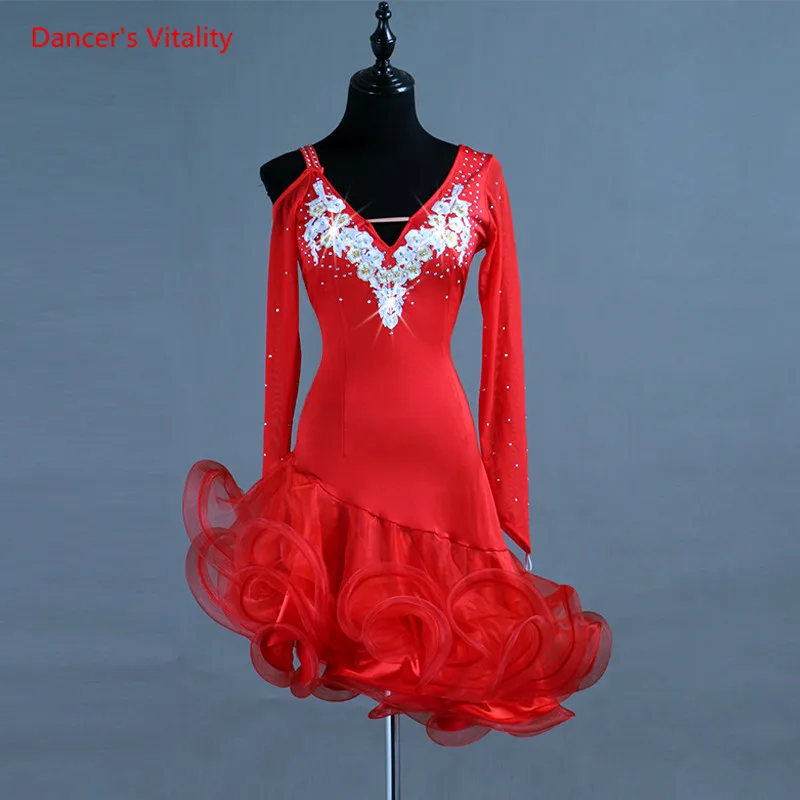 Latin Dance Dress Luxury Diamond Gauze Fishbone Dresses Lady Girls Latin Ballroom Dance Stage Performance Competition Costumes