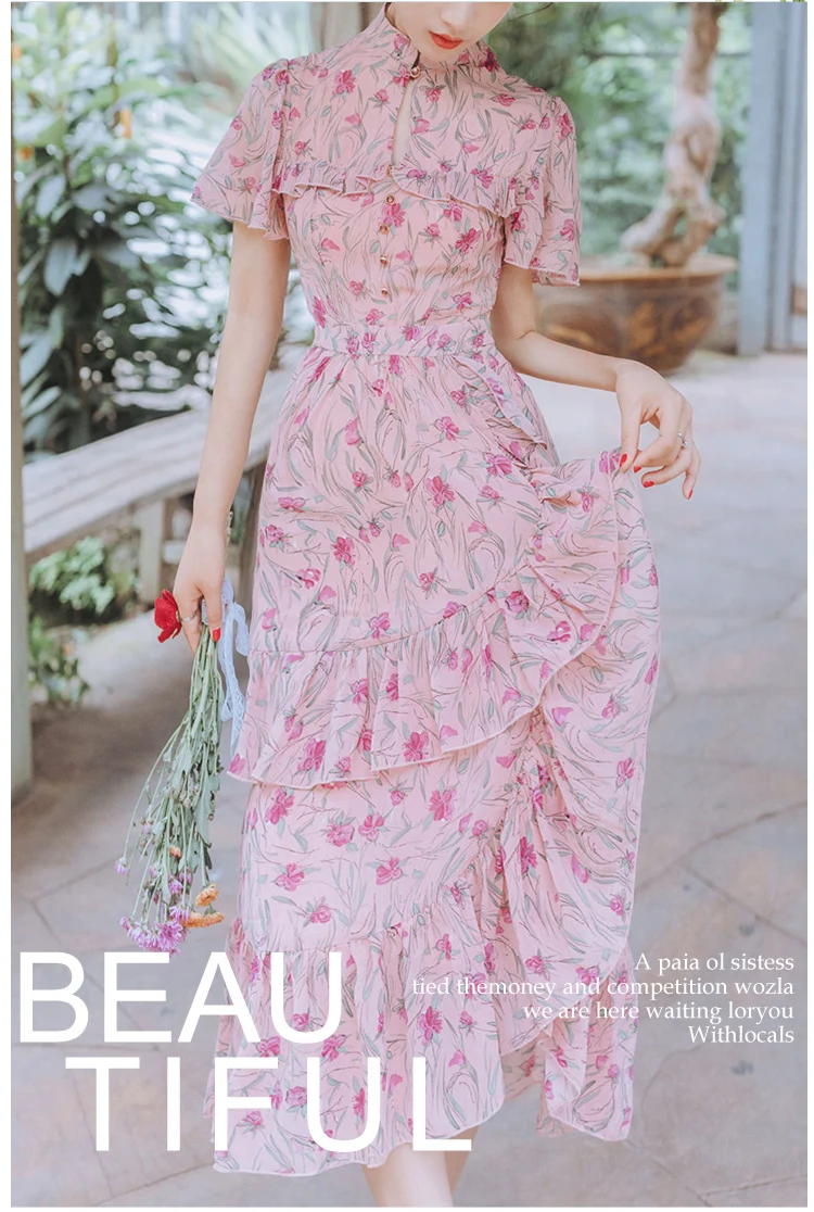 Новинка 2019 модные женские платья летнее розовое винтажное платье с цветочным