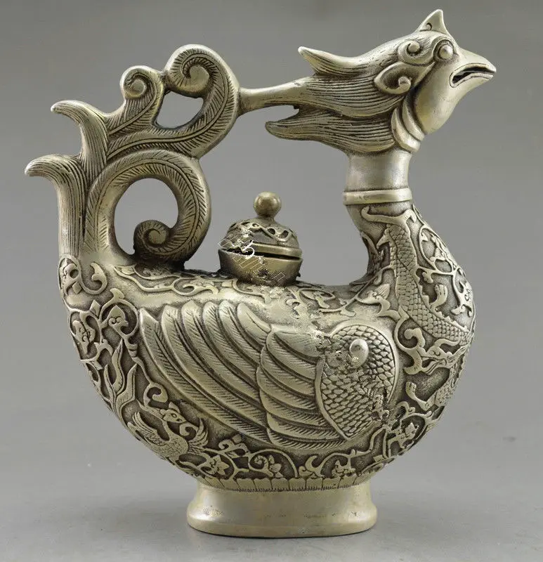

Exquisite Chinese Collectible Decorated Old Handwork Tibet Silver Carved Phoenix Tea Pot
