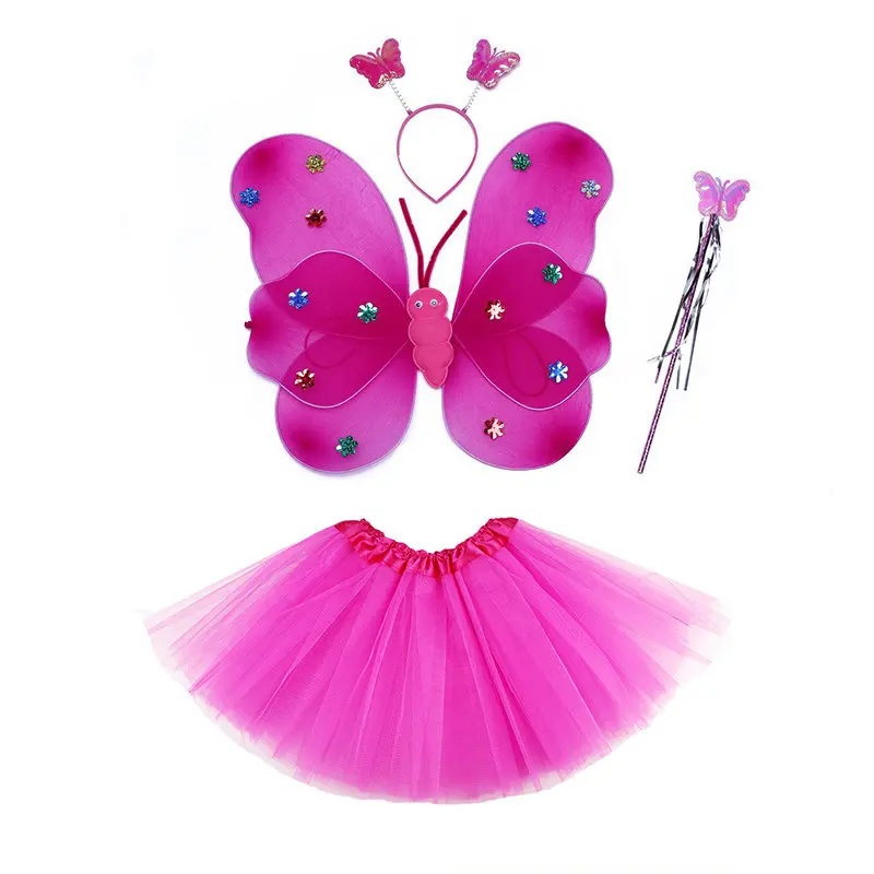 Hot pink tutu set Комплект из 4 предметов для маленьких девочек Фея Бабочка костюм комплект с крыльями для бальных танцев юбка-пачка палочка и повязка на голову для девочек мини-юбка принцессы пачки - Цвет: Hot pink tutu set
