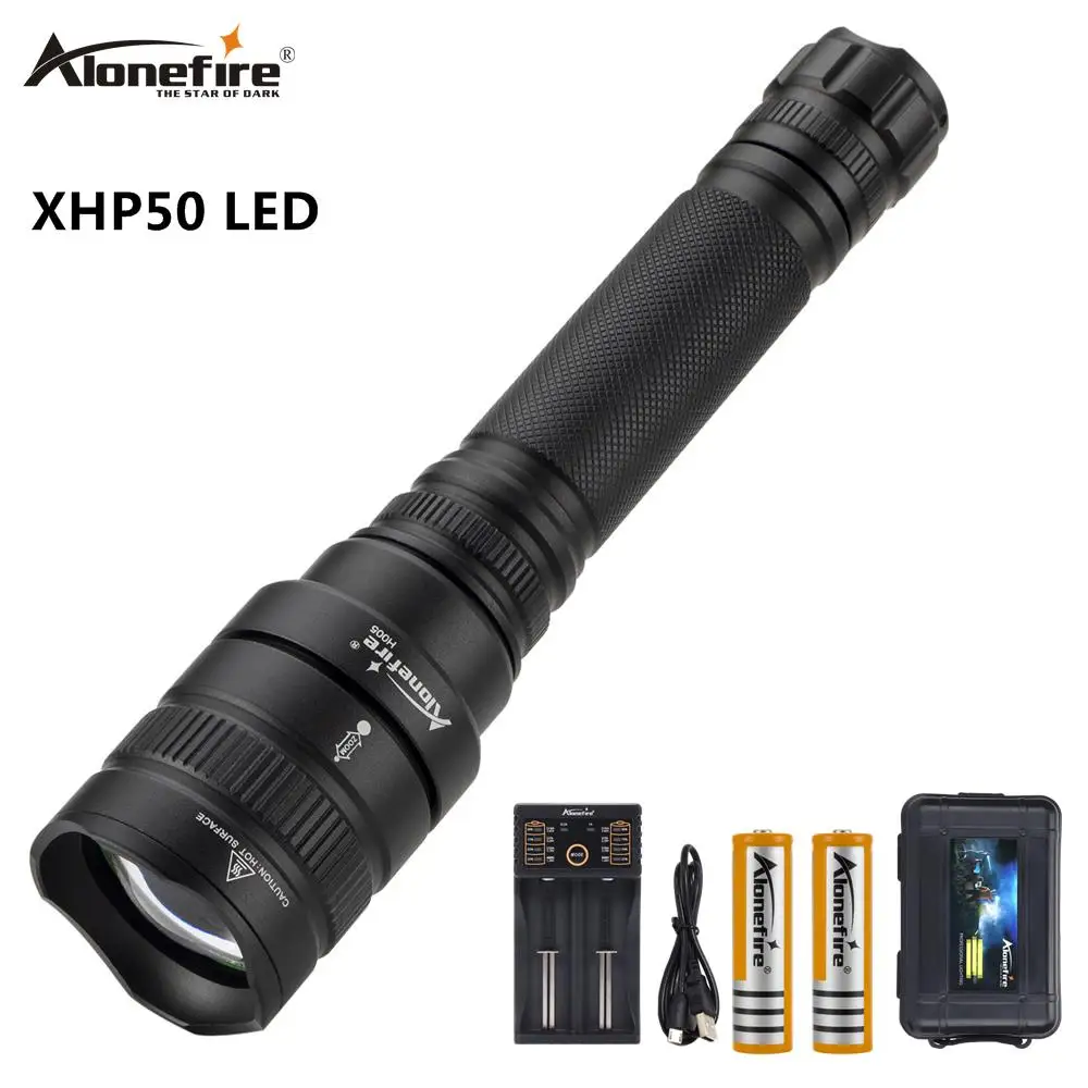 

Светодиодный фонарик AloneFire H005 cree xhp50 18650, Мощный тактический светодиодный фонарик с аккумулятором для охоты, приключений, ночной прогулок