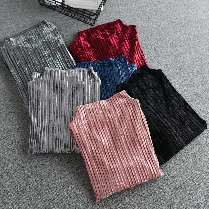 2018 Весна Для женщин Сплошной Цвет Винтаж бархатная рубашка Женская водолазка с