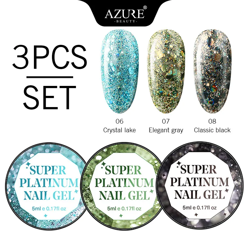 3 AZURE BEAUTY Платиновые блестки, УФ Гель-лак для ногтей, эмалевые наборы, Блестящие Блестки, УФ Led Гель-лак для ногтей, набор полуперманентных гелей - Цвет: 3