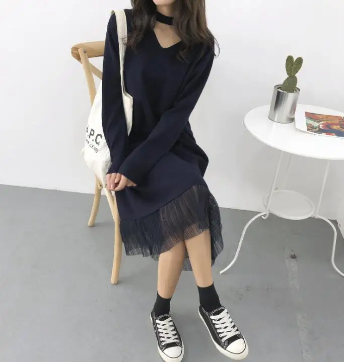 navy blue Женская одежда Новое поступление женские весенне-осенние с v-образным вырезом Длинные Стильные сетчатые трикотажные платья-свитера женксие кофты платье - Цвет: navy blue