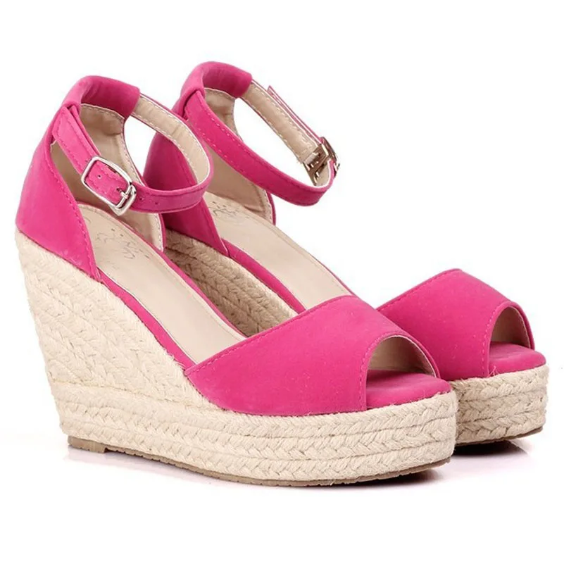 fuschia 11 cm Новинка; женские босоножки на танкетке с открытым носком; элегантные женские босоножки на танкетке с соломенной тесьмой в богемном стиле; женские повседневные босоножки на высоком каблуке - Цвет: fuschia 11 cm