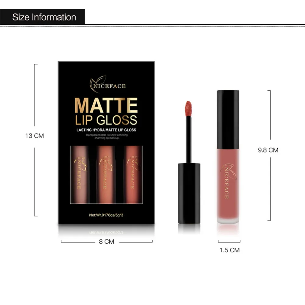 Набор из 3 матовых жидких помад для макияжа Женская губная помада матовый блеск