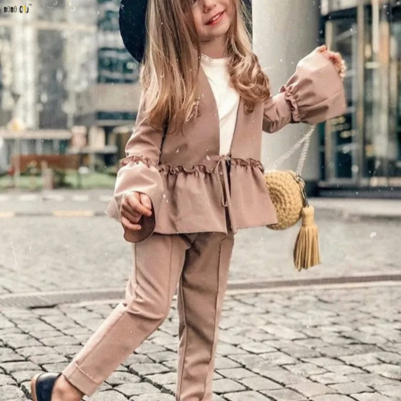 Осень 2018 комплект одежды для девочек пальто и брюки из двух предметов однотонная