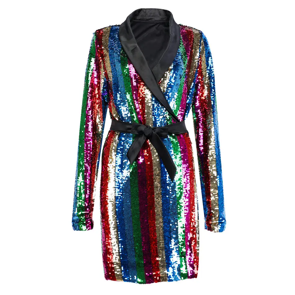 green sequin mini Kat Graham/Радужное платье с пайетками; модное платье с глубоким v-образным вырезом и длинным рукавом; разноцветное платье в полоску с поясом; элегантное платье миди с запахом - Цвет: green sequin mini