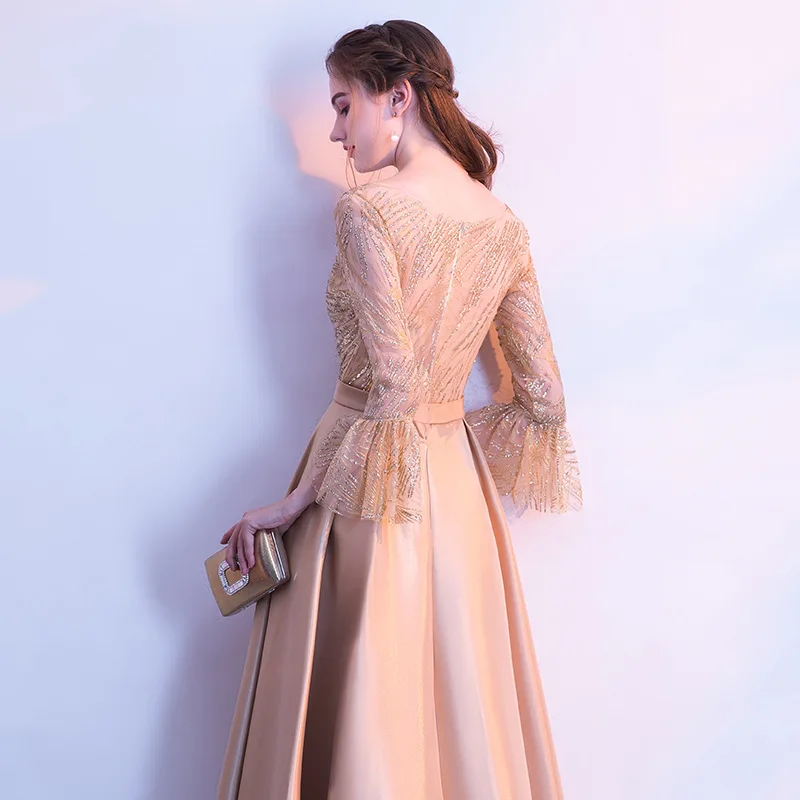 Золотое китайское платье с длинными рукавами для вечеринки свадьбы женское