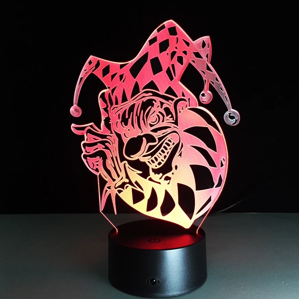 

3D Clown LED Night Light Novelty 7 Colors Changing Acrylic Colorful Gradient Atmosphere Illusion Lamp Halloween Holiday Gift