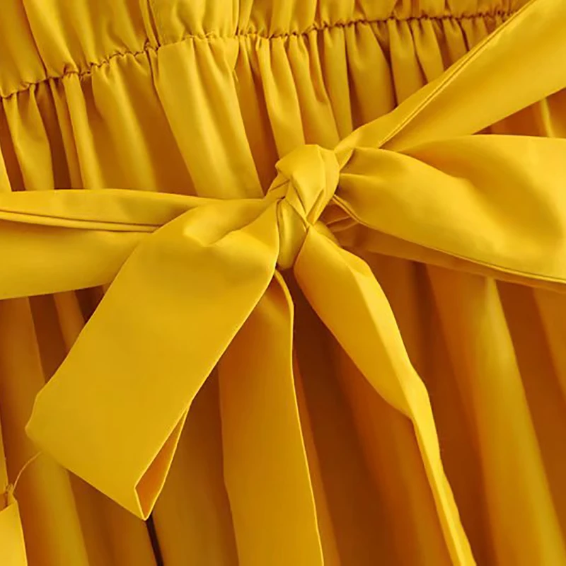 Женское элегантное желтое платье до середины икры пояс карманы эластичные