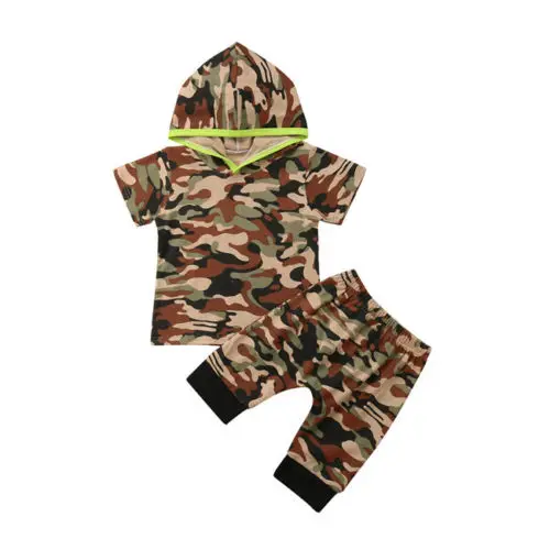New Kids Boy Camo Clothes Set Summer Baby Girl Hooded Short Sleeve Long Harem Pant Children Fashion 2Pcs Outfits |