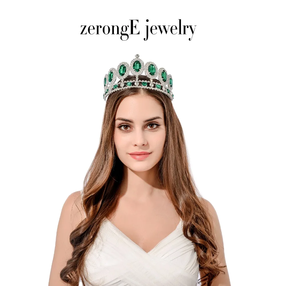 zerongE jewelry 3.4&quotLuxury royal blue Bridal Crown Tiaras gun metal Diadem for Women Bride Wedding Headwear | Украшения и