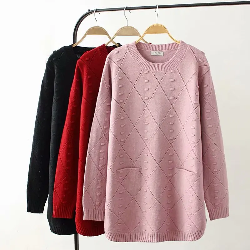 Женский вязаный пуловер шерстяной свитер с круглым вырезом перфорацией розовый