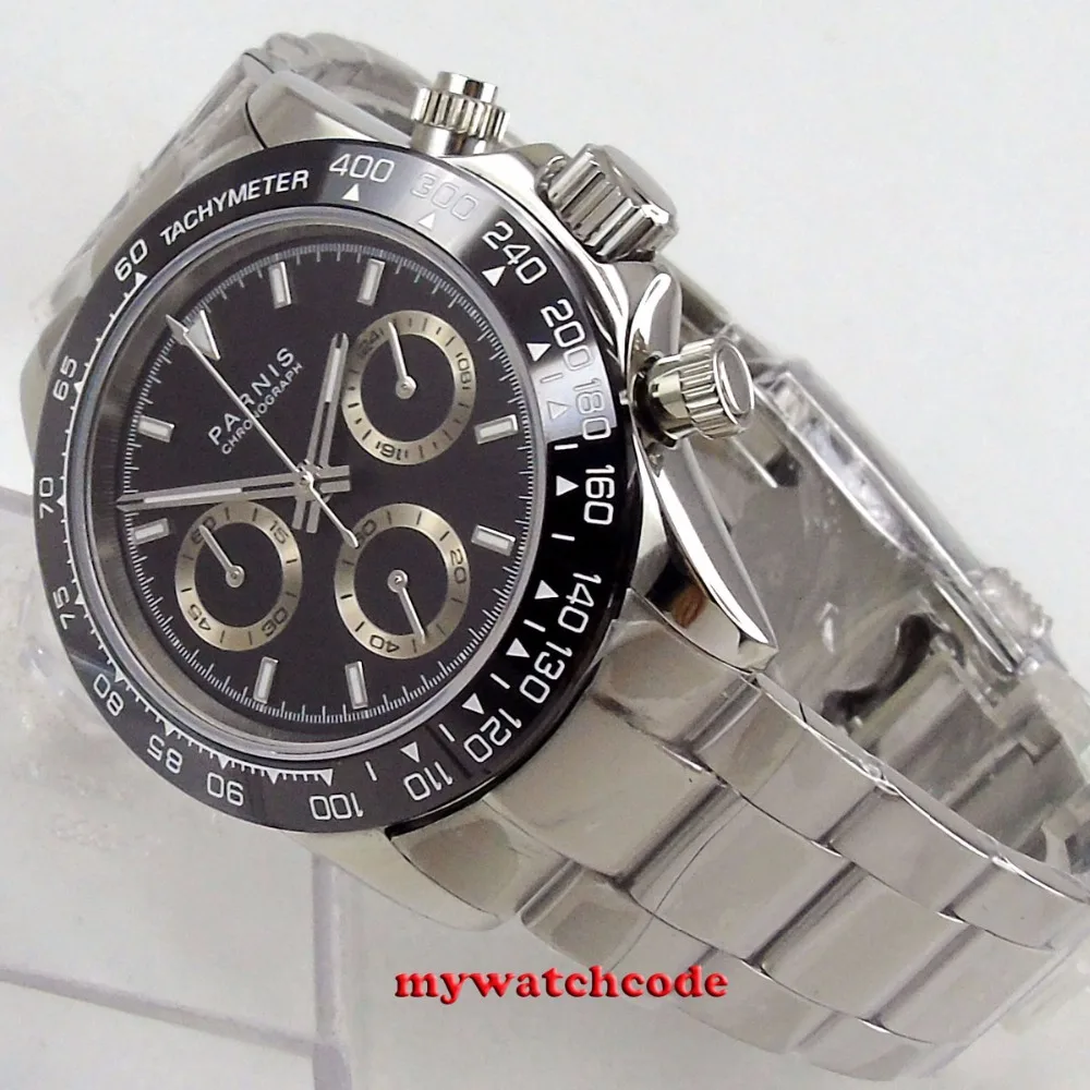 39mm PARNIS black dial sapphire glass cermaic bezel Chronograph quartz mens watch P1178 | Наручные часы