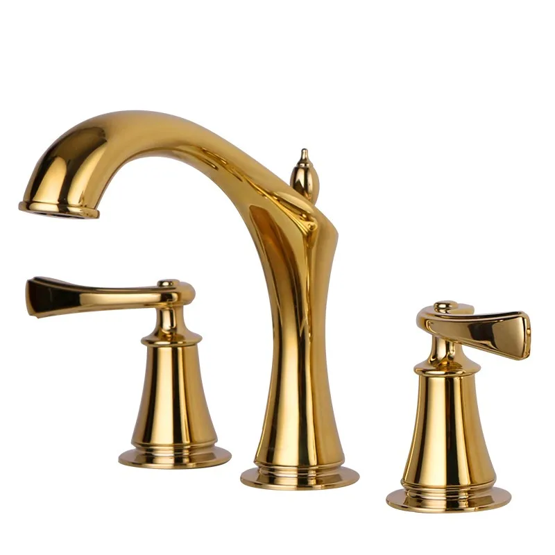 Золотистый смеситель из твердой латуни с 2 ручками широкий для раковины в ванной