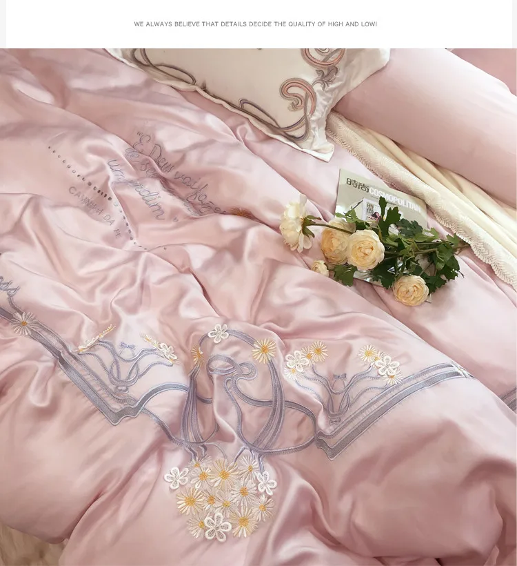 Modern Egyptian cotton Embroidery Bedding sets Queen King Tribute Silk Duvet cover Bed sheet set Pillowcases 4/6pcs pink blue | Дом и сад