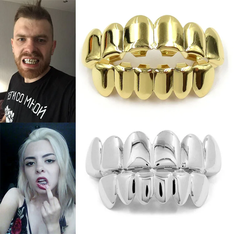 Hey Rapper гриль зубы Grillz хип хоп Топ и низ металлический зуб ложное золото зубной рта панк рокеры зубы шапки Косплей Вечерние