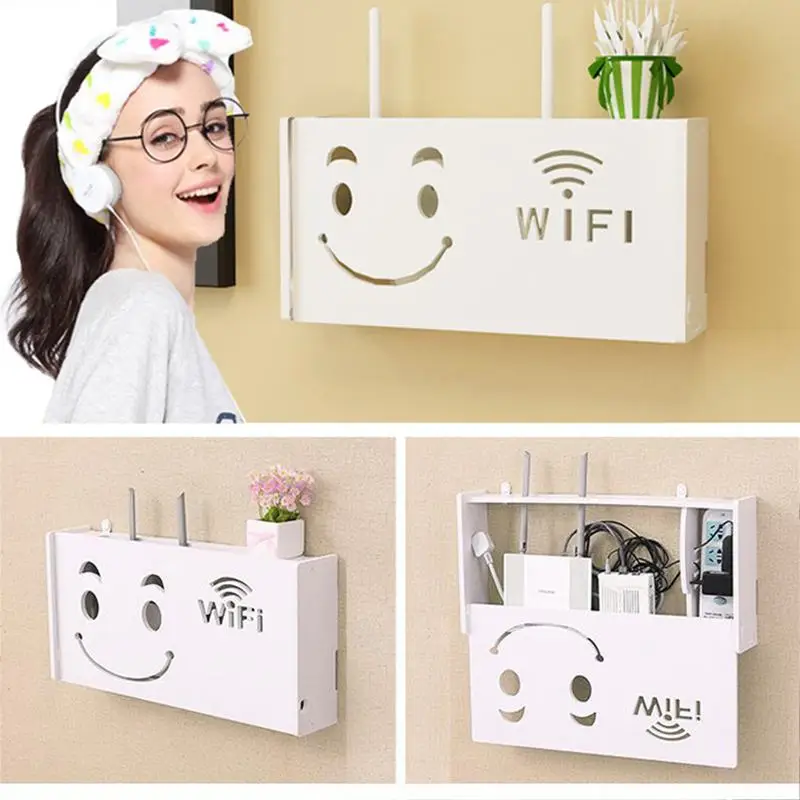 Беспроводной Wi-Fi роутер коробка для хранения древесно-Пластиковая полка настенный кронштейн для хранения кабеля домашний декор-смайлик