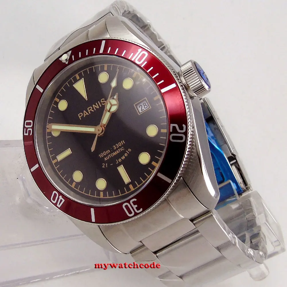 Роскошные Брендовые мужские часы автоматические наручные Parnis 41 мм с черным