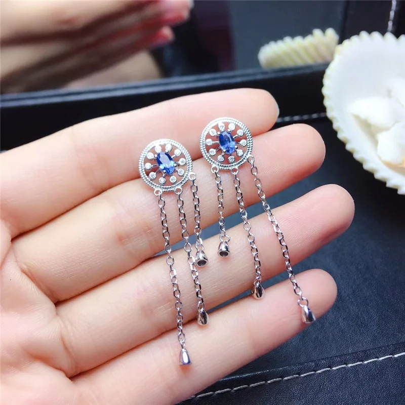 Женские серьги подвески с натуральным сапфиром серебро 925 пробы